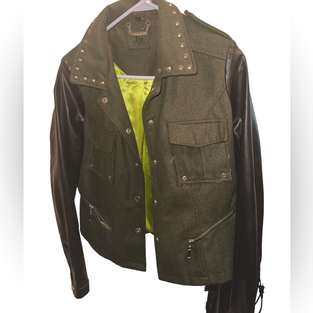 J2 Army Green leather jacket with spikes